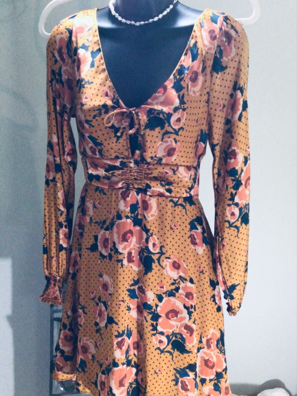 Free People Mustard Floral V-Neck Long Sleeve Dress